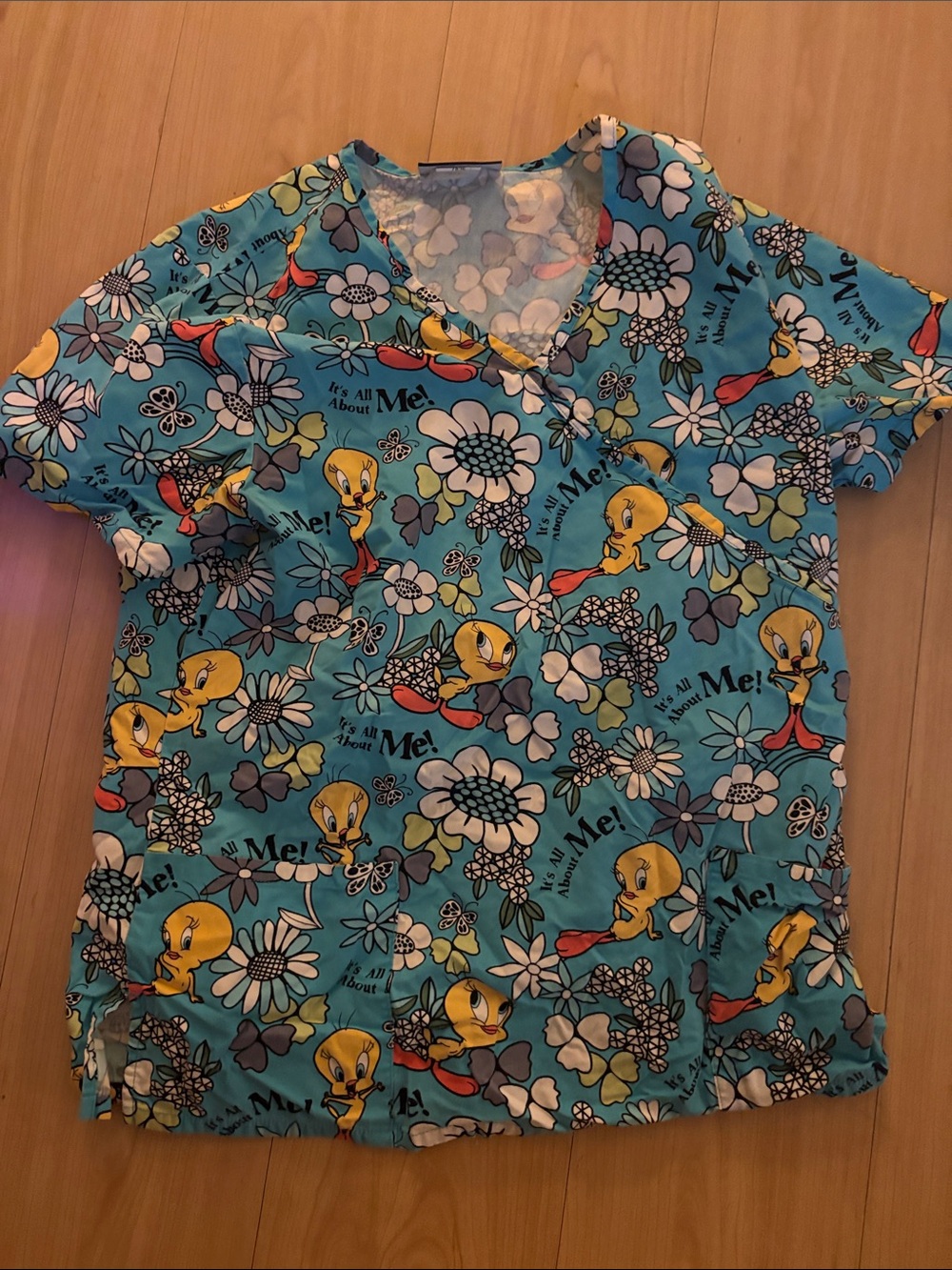 Tweety Bird Turquoise woman Scrub Top - Cartoon Floral Print
